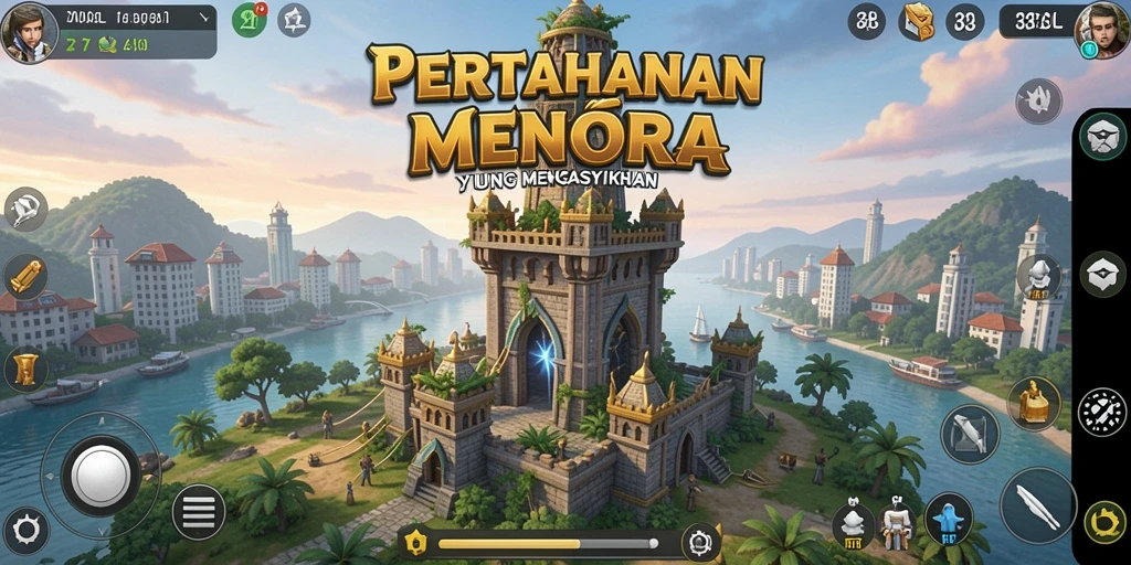 Tampilan gameplay 33L dengan menara pertahanan melawan gelombang musuh.