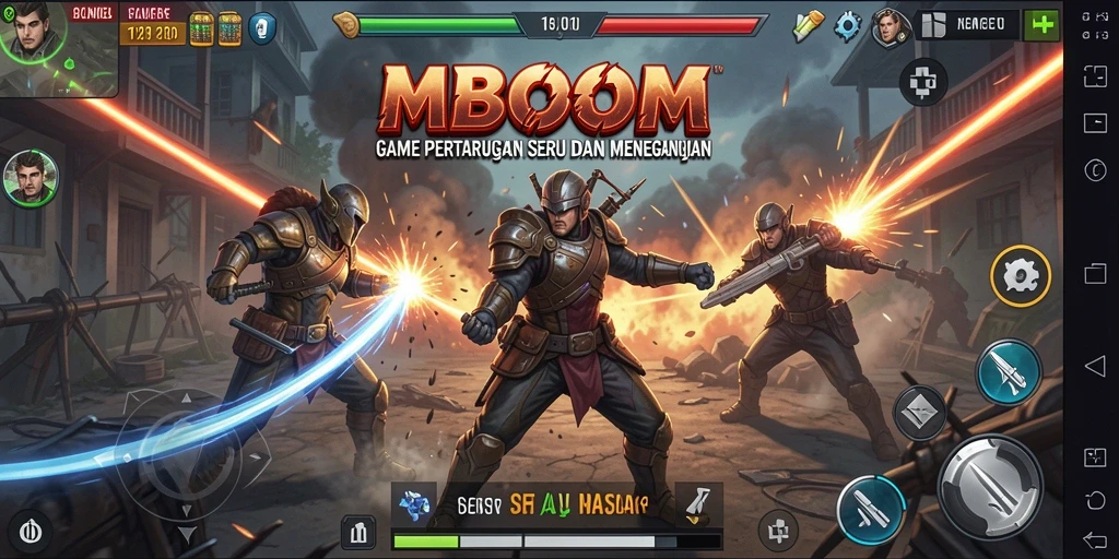 Screenshot gameplay MBOOM menunjukkan aksi pertarungan seru.