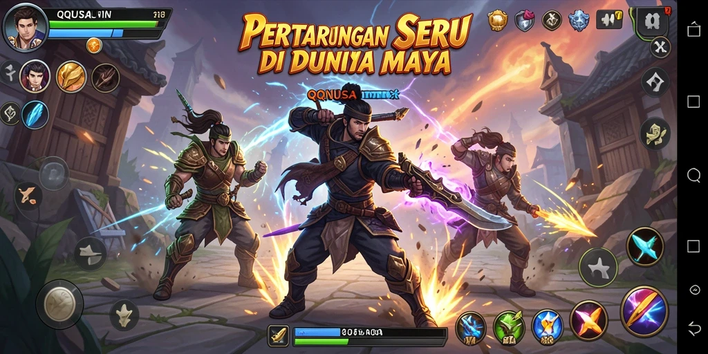Tampilan gameplay QQNUSA dengan karakter bertarung seru.