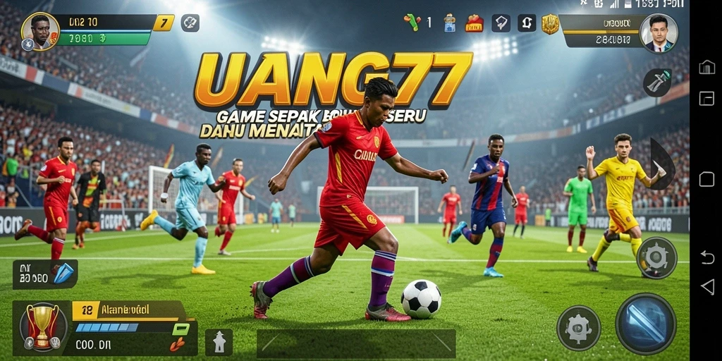 Tampilan gameplay UANG77 dengan aksi sepak bola yang mendebarkan.